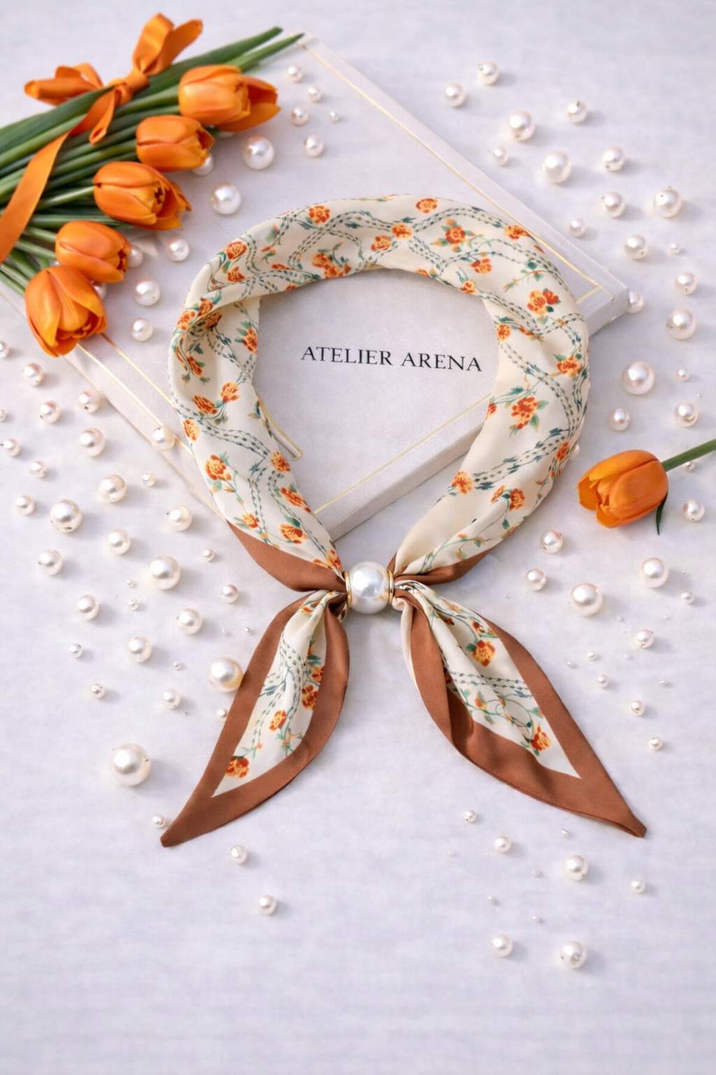 Beige Scarf with Floral Print and Pearl and