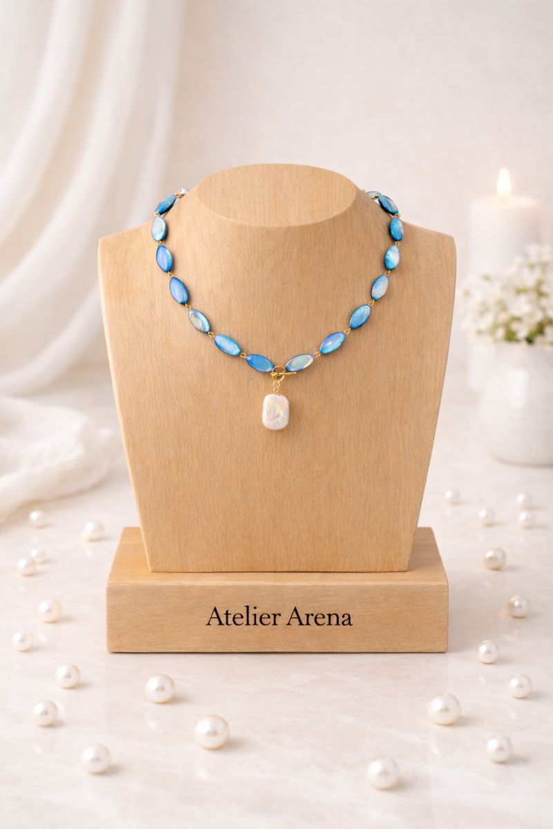Blue Necklace with Pearl Pendant