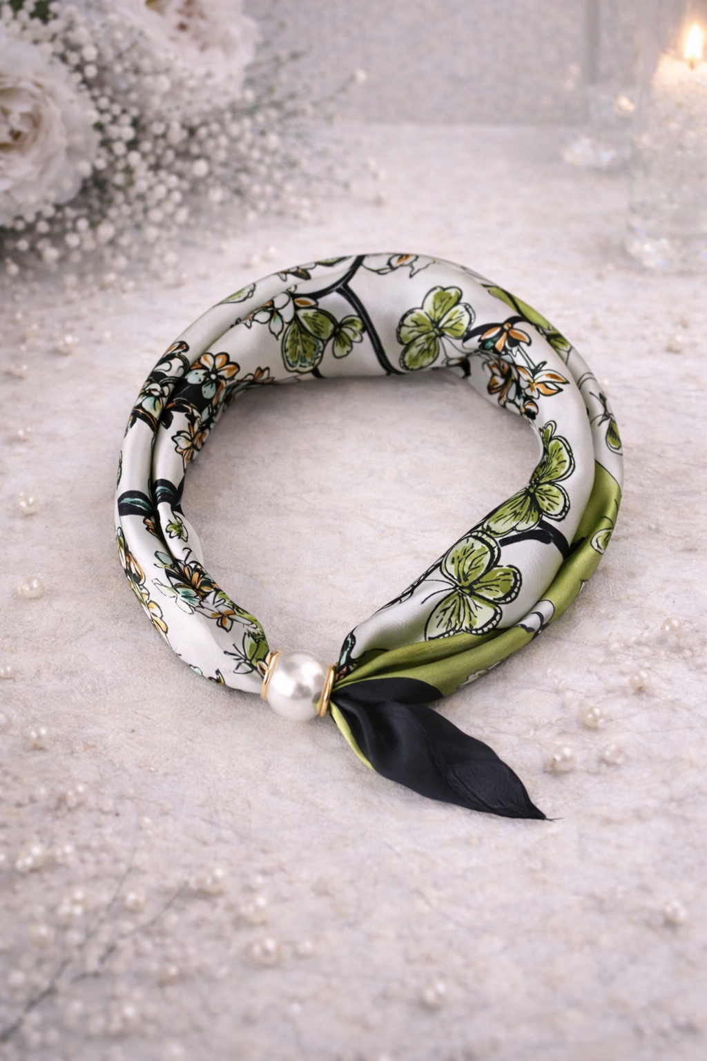 Green Scarf with Butterfly Motif and Pearl