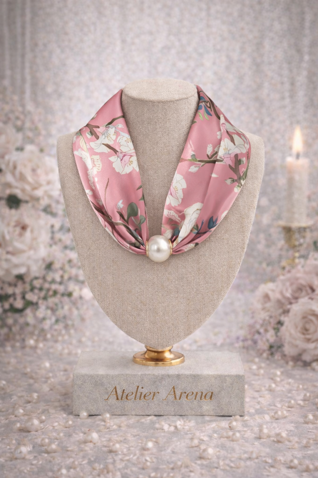 Scarf with Floral Print and Pearl - Pink