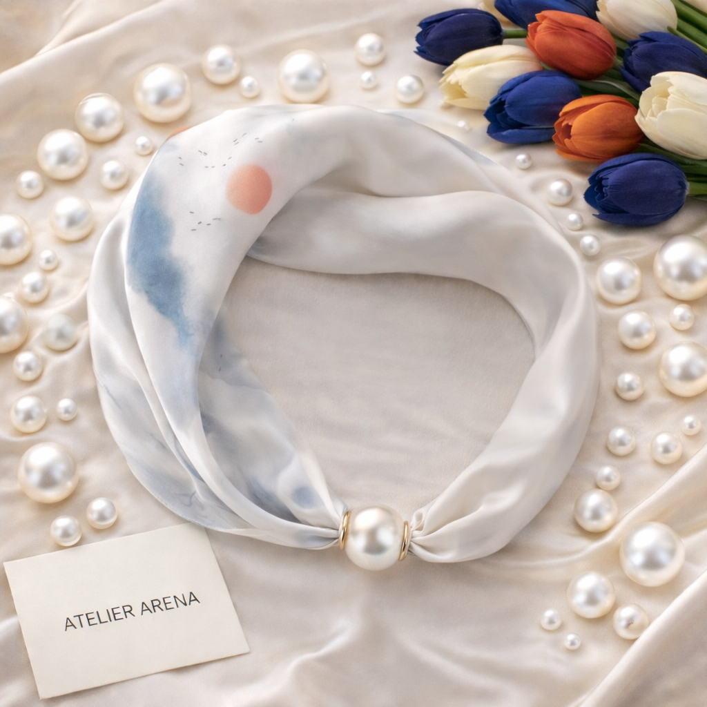 White Scarf with Pastel Watercolor Pattern and Pearl