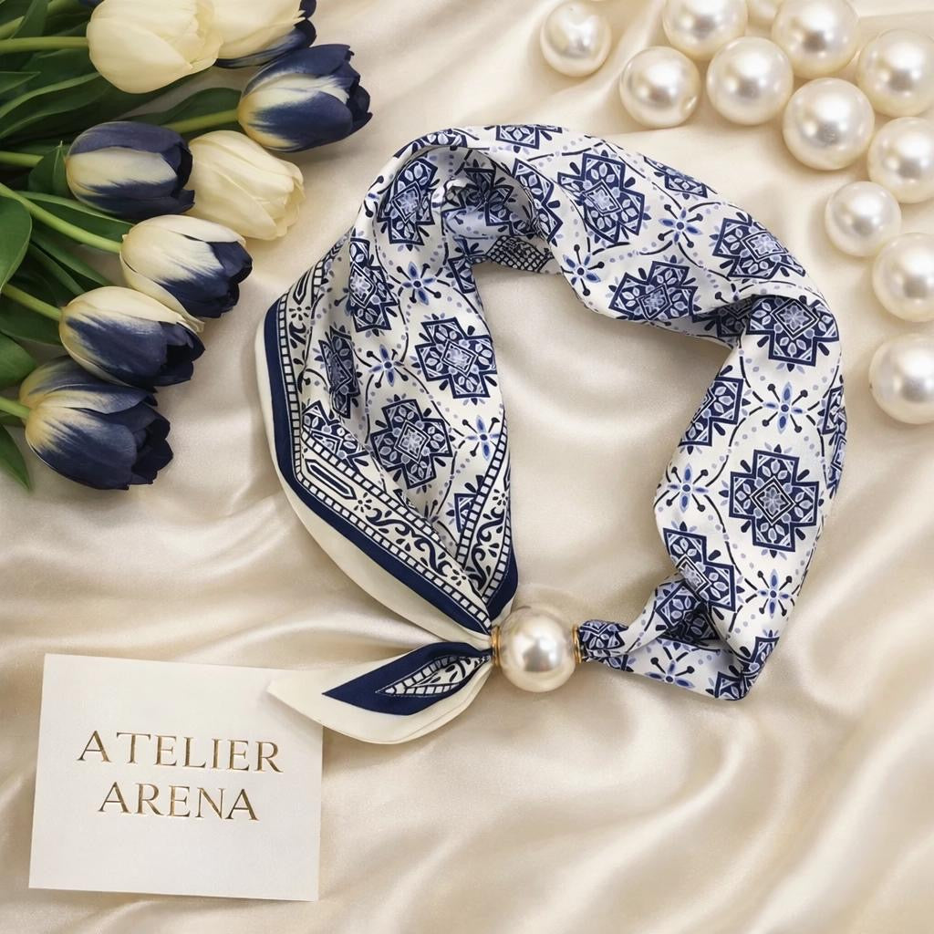 Blue and White Scarf with Ornamental Pattern and Pearl