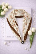 Beige-Brown Pleated Scarf with Floral Print