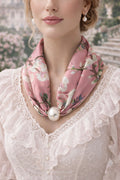 Scarf with Floral Print and Pearl - Pink