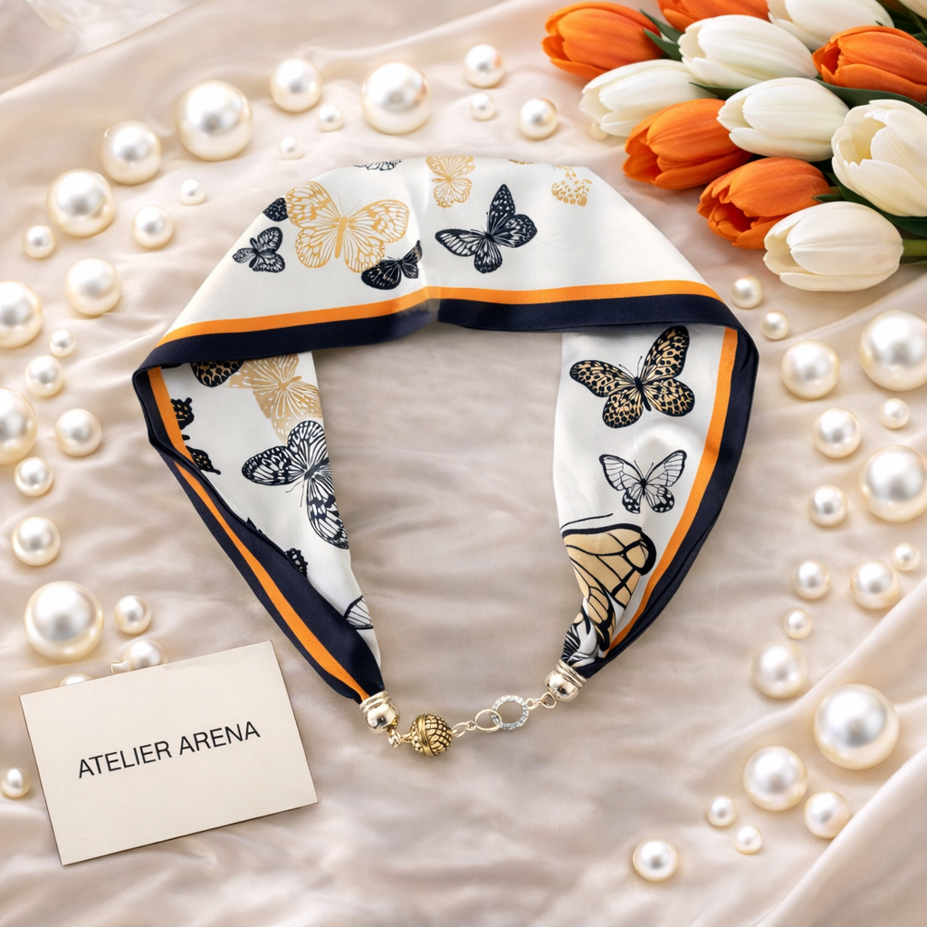 White Scarf with Butterfly Motif and Pearl Necklace