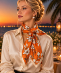 Orange Satin Scarf with Blossom Print