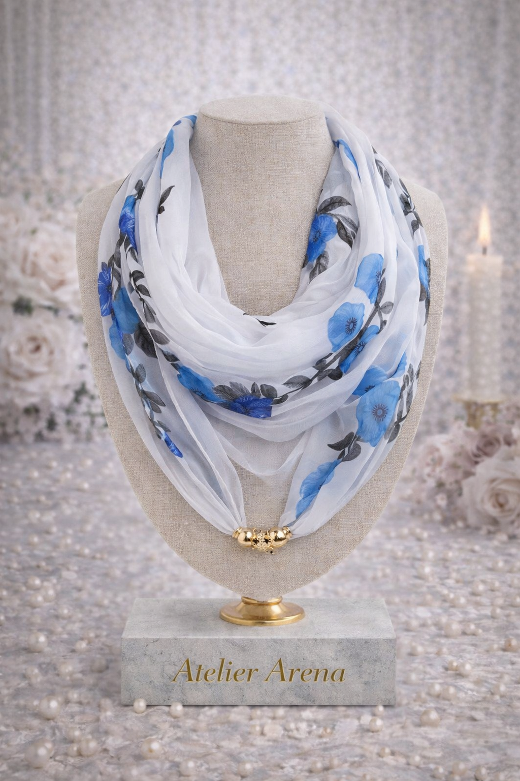 White Scarf with Blue Flower Print