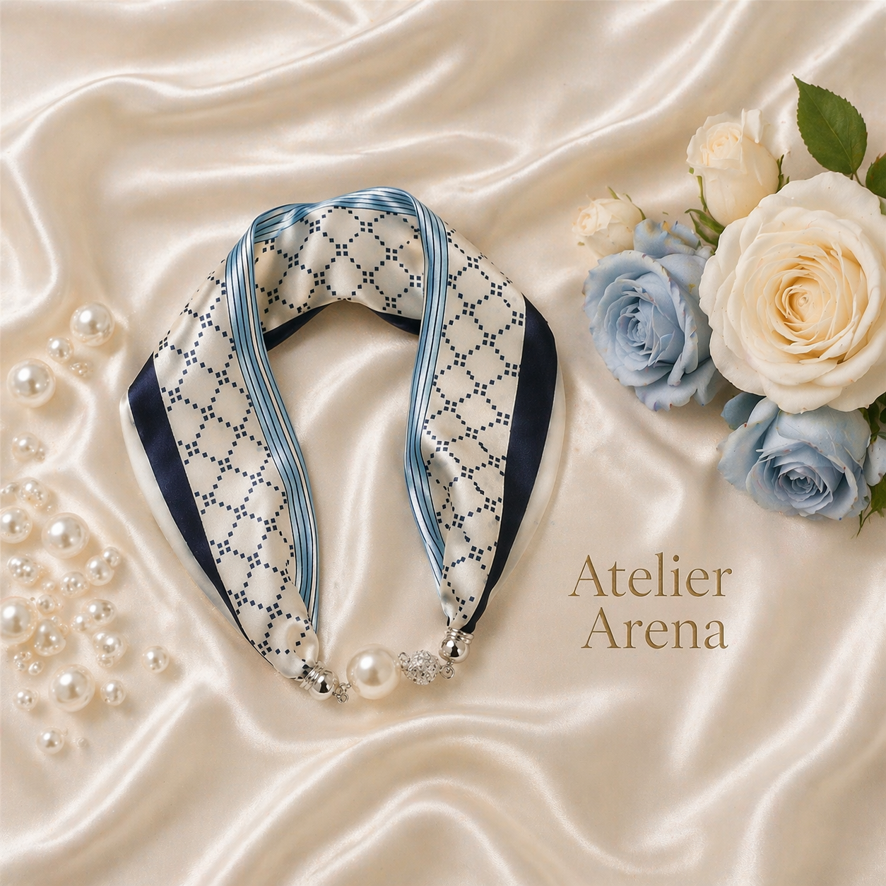 Luxury Satin Scarf with Pearl – Blue Cream Pattern