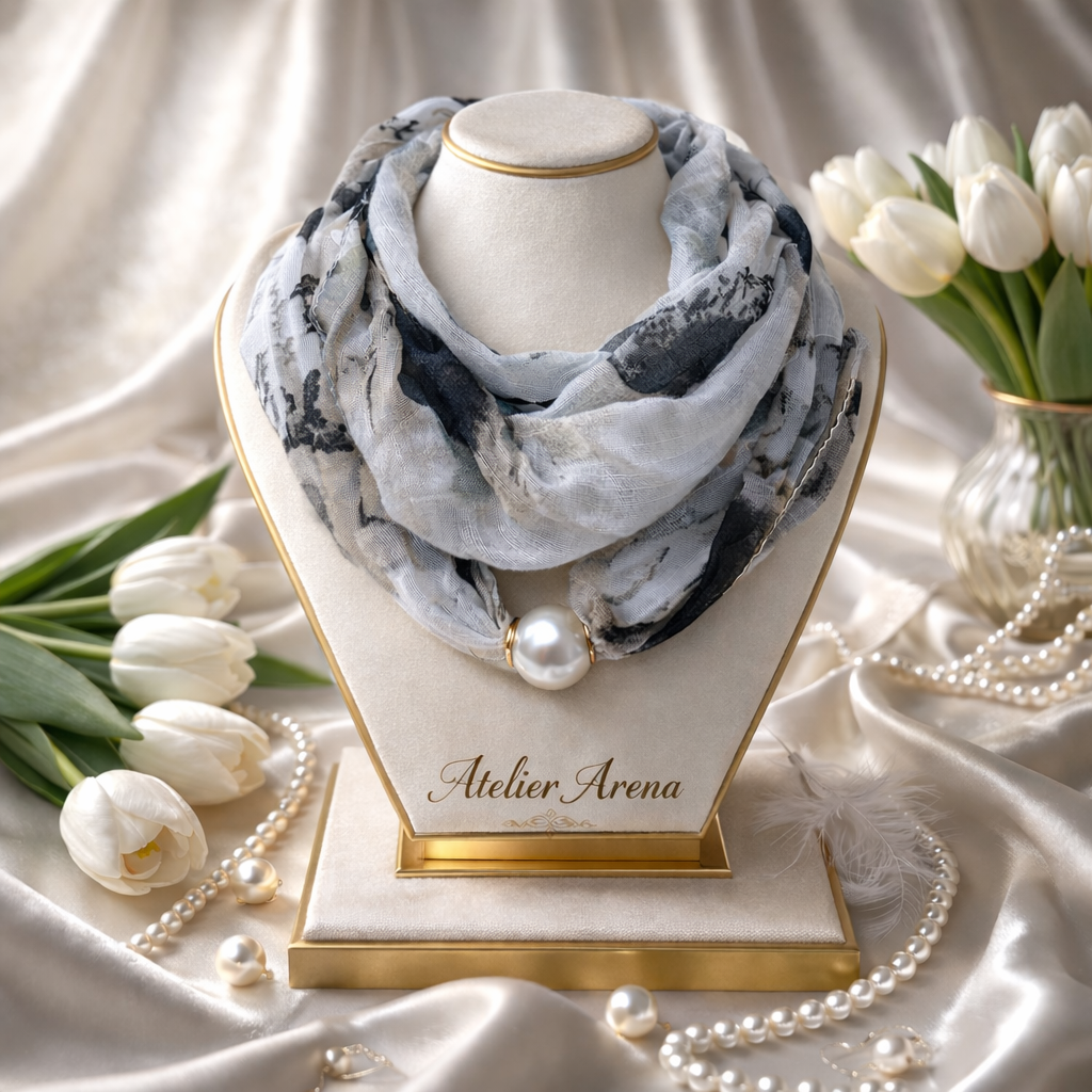 Gray and White Scarf with Watercolor Pattern and Pearl
