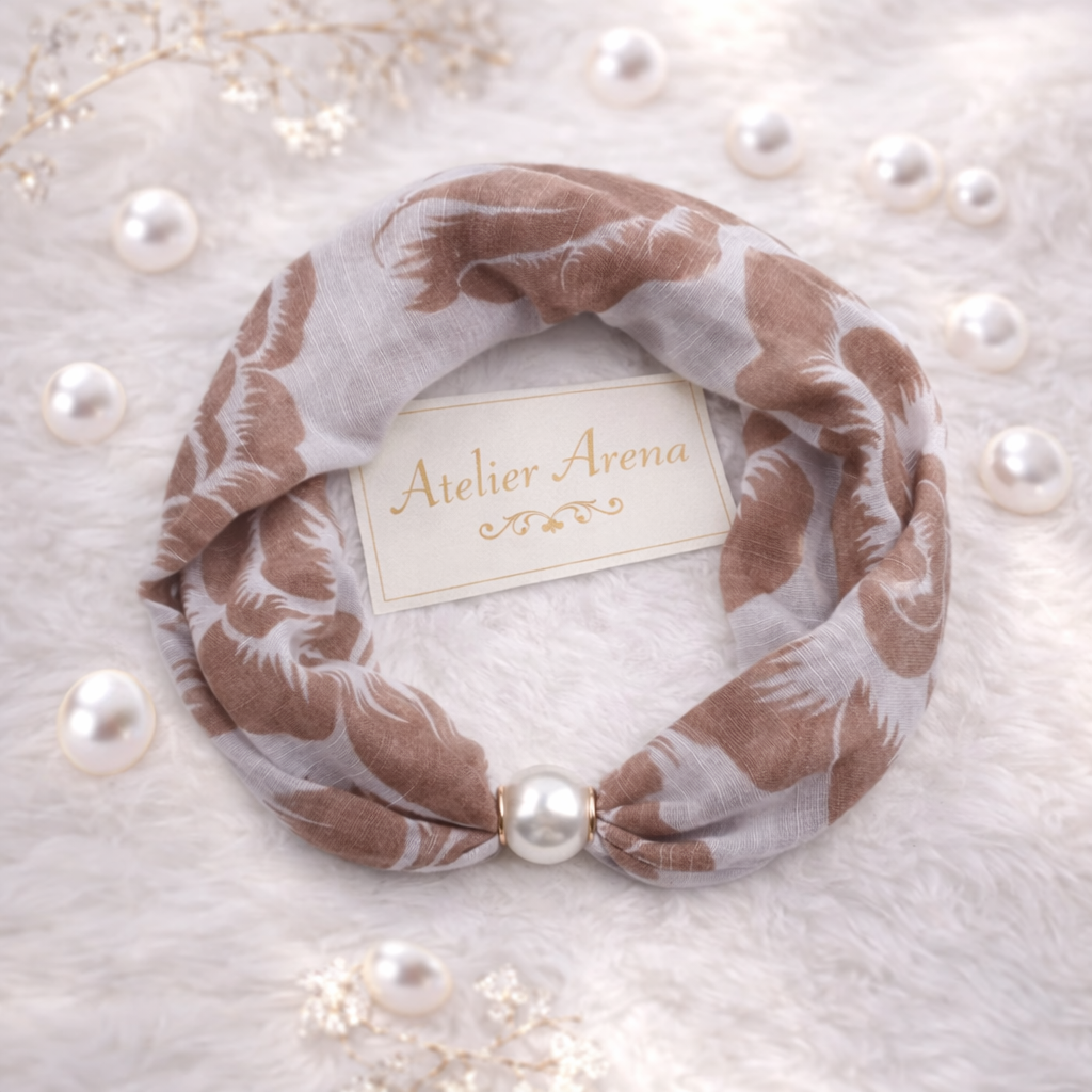 Beige-White Scarf with Rose Motif and Pearl