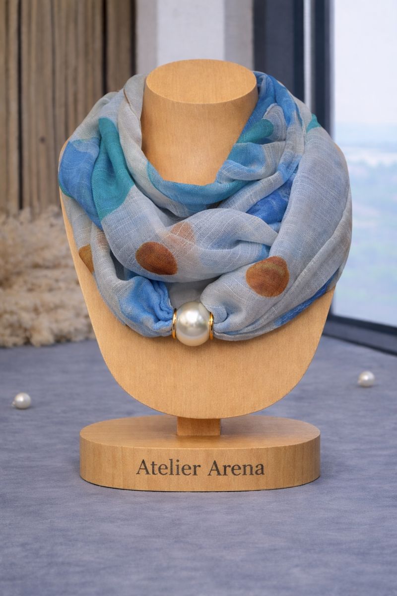 Luxurious Scarf with Pearl Detail - Blue &amp; Dots