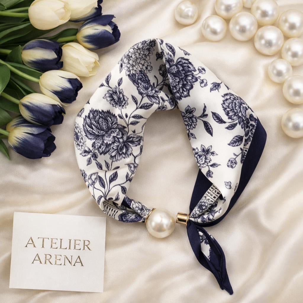 Scarf Flower Pattern - Dark Blue & White