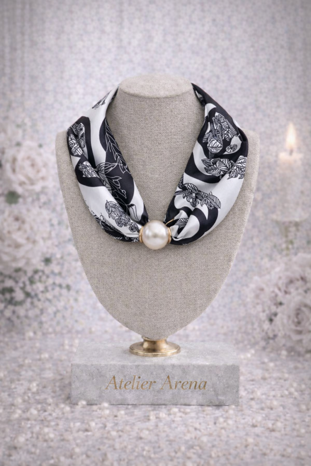 Black and White Scarf with Paisley Pattern and Pearl