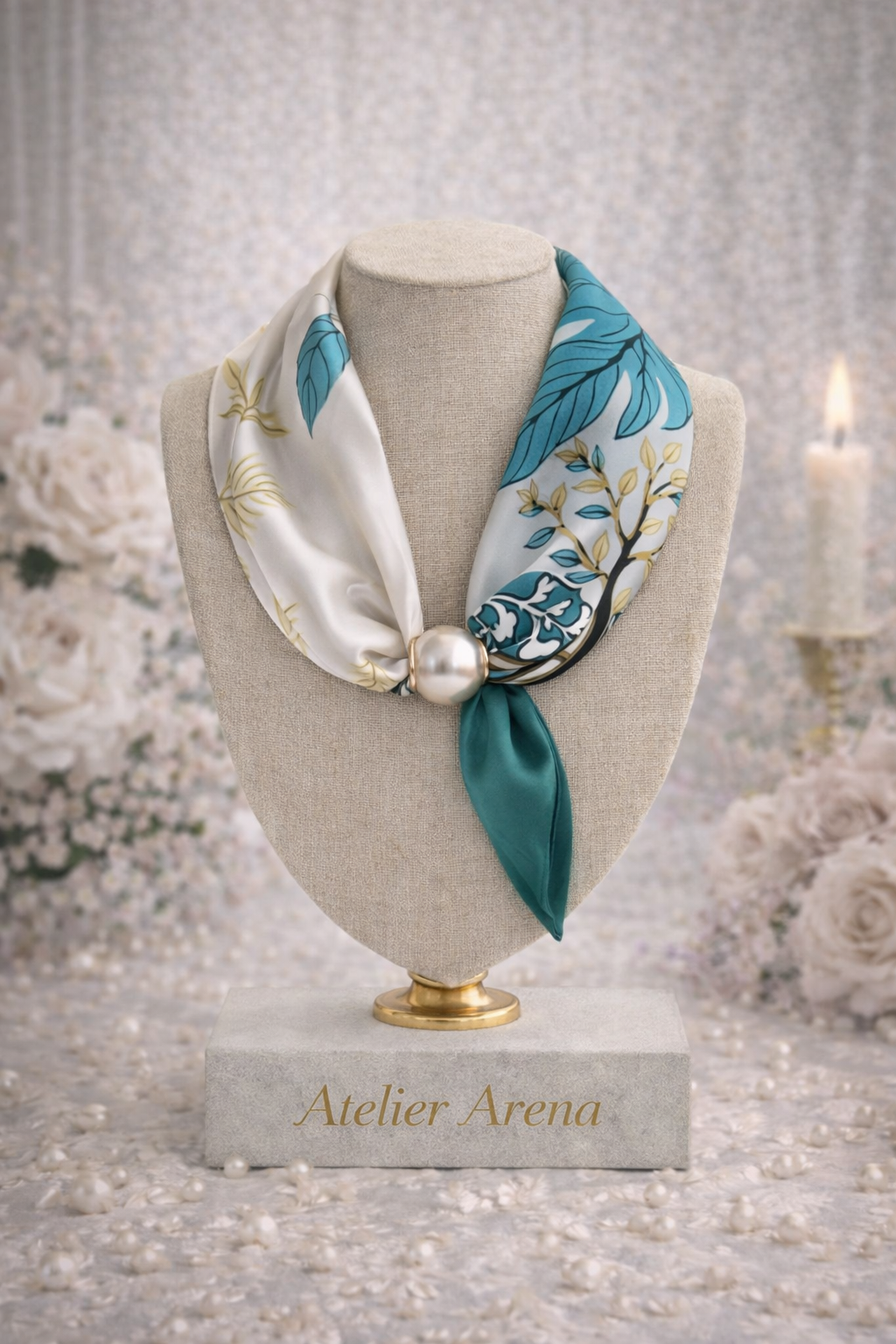 Botanical Pattern Scarf - Turquoise & White