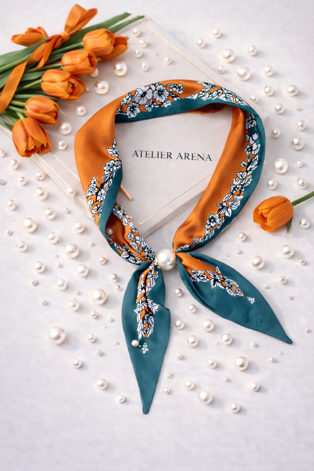 Orange-Green Scarf with Floral Print and Pearl