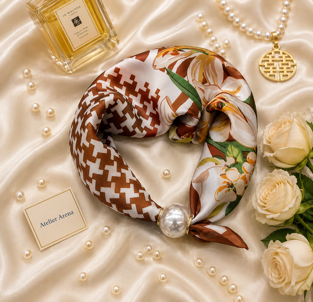 Cognac-colored Satin Scarf with Magnetic Pearl Clip