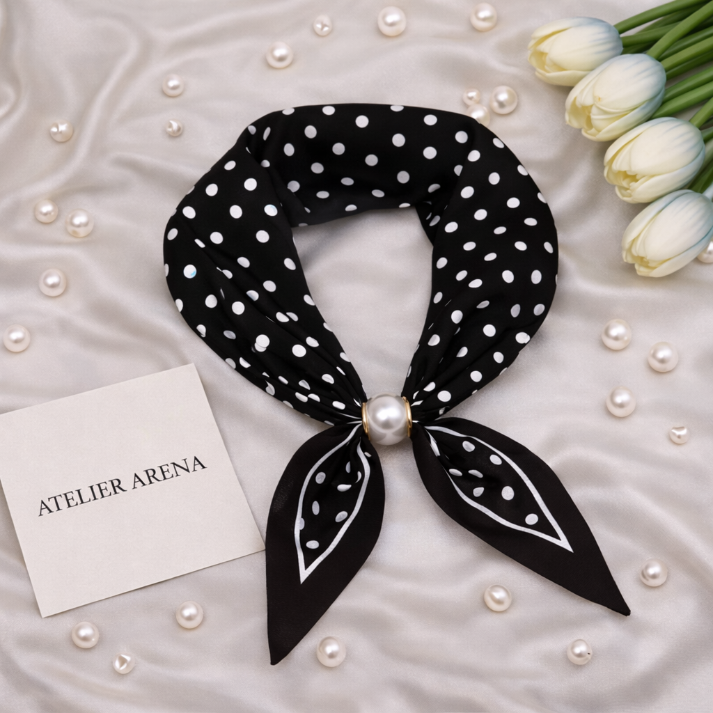 Black Polka Dot Scarf with Pearl Detail