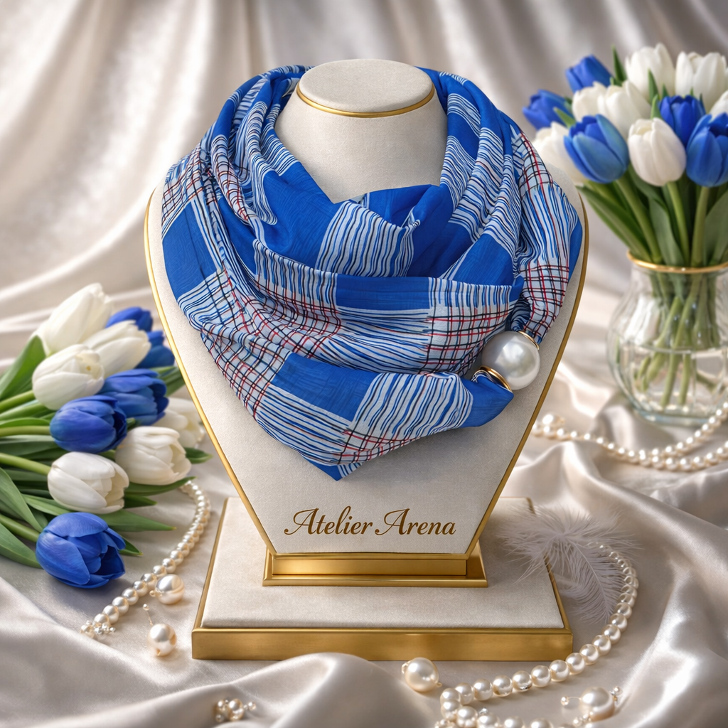 Blue Scarf with Stripe and Check Pattern and Pearl