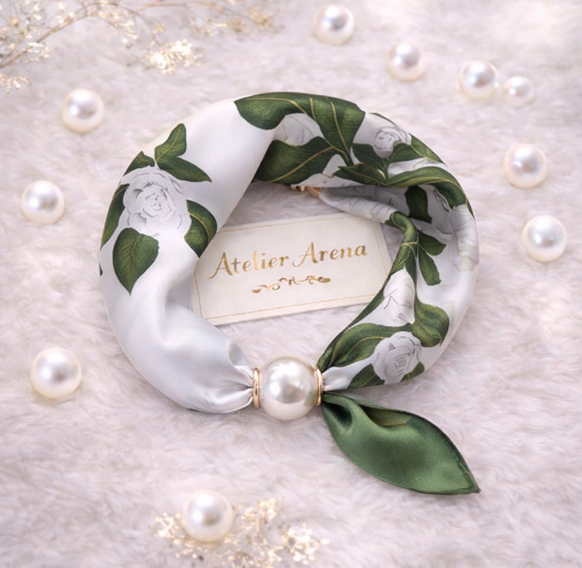 White-Green Scarf with Rose Motif and Pearl