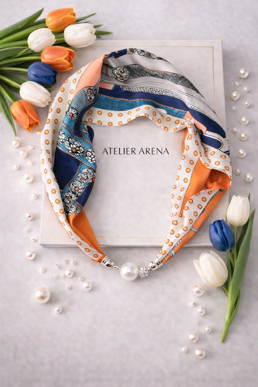 Multicolor Scarf with Pattern Mix and Pearl Necklace