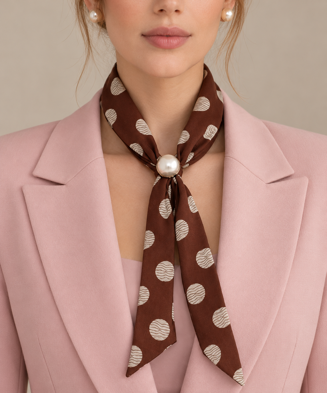 Elegant brown polka dot scarf with pearl buckle