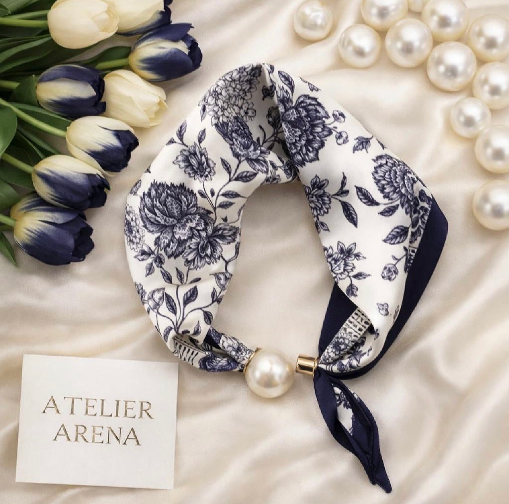 Scarf Flower Pattern - Dark Blue & White