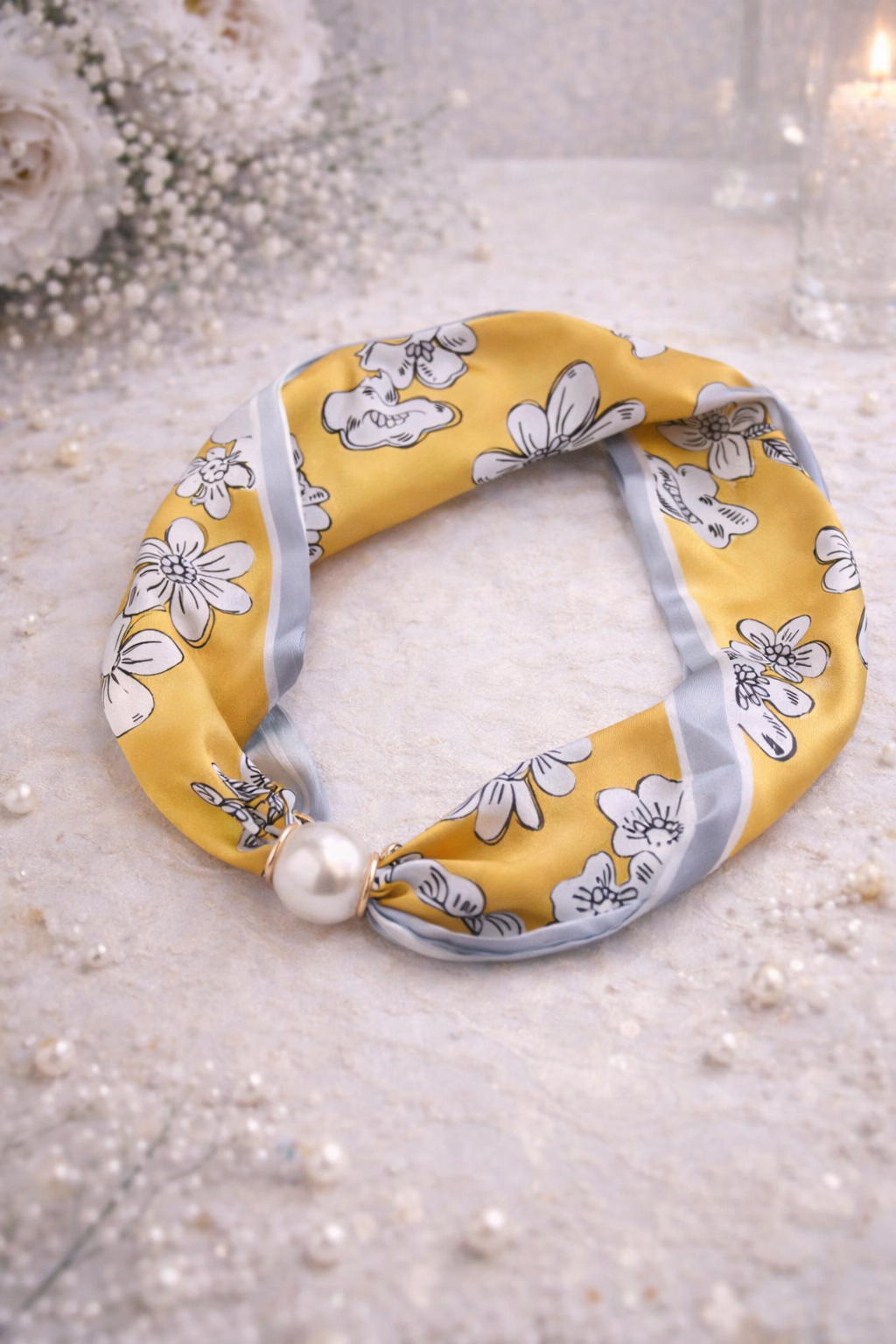 Yellow Scarf with Floral Print and Pearl
