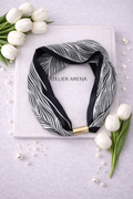 Black and White Silk Scarf with Feather Print and Gold Magnetic Closure