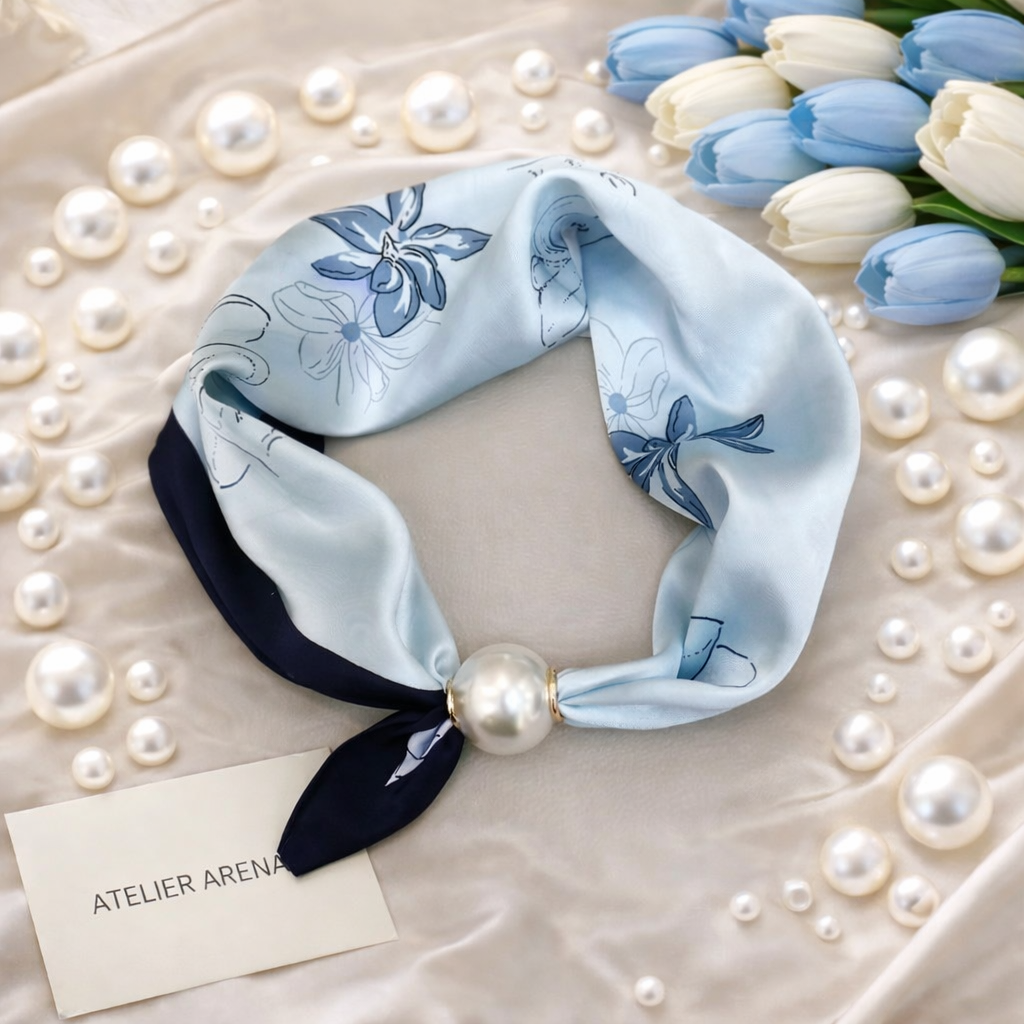 Light Blue Floral Print Scarf with Dark Blue Accent and Pearl