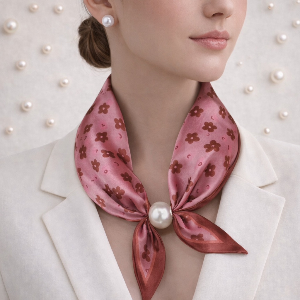 Satin Scarf with Pearl – Pink Flowers Elegant