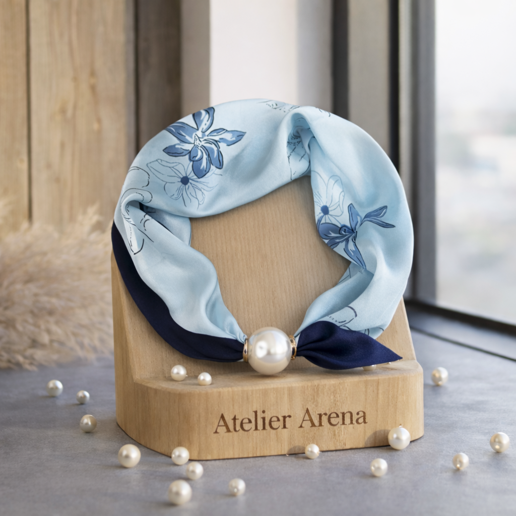 Light Blue Floral Print Scarf with Dark Blue Accent and Pearl