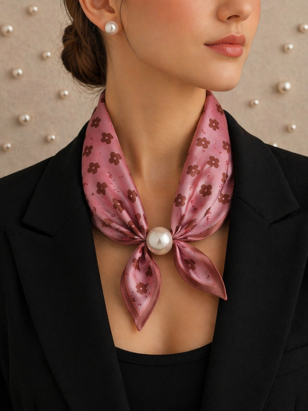Satin Scarf with Pearl – Pink Flowers Elegant