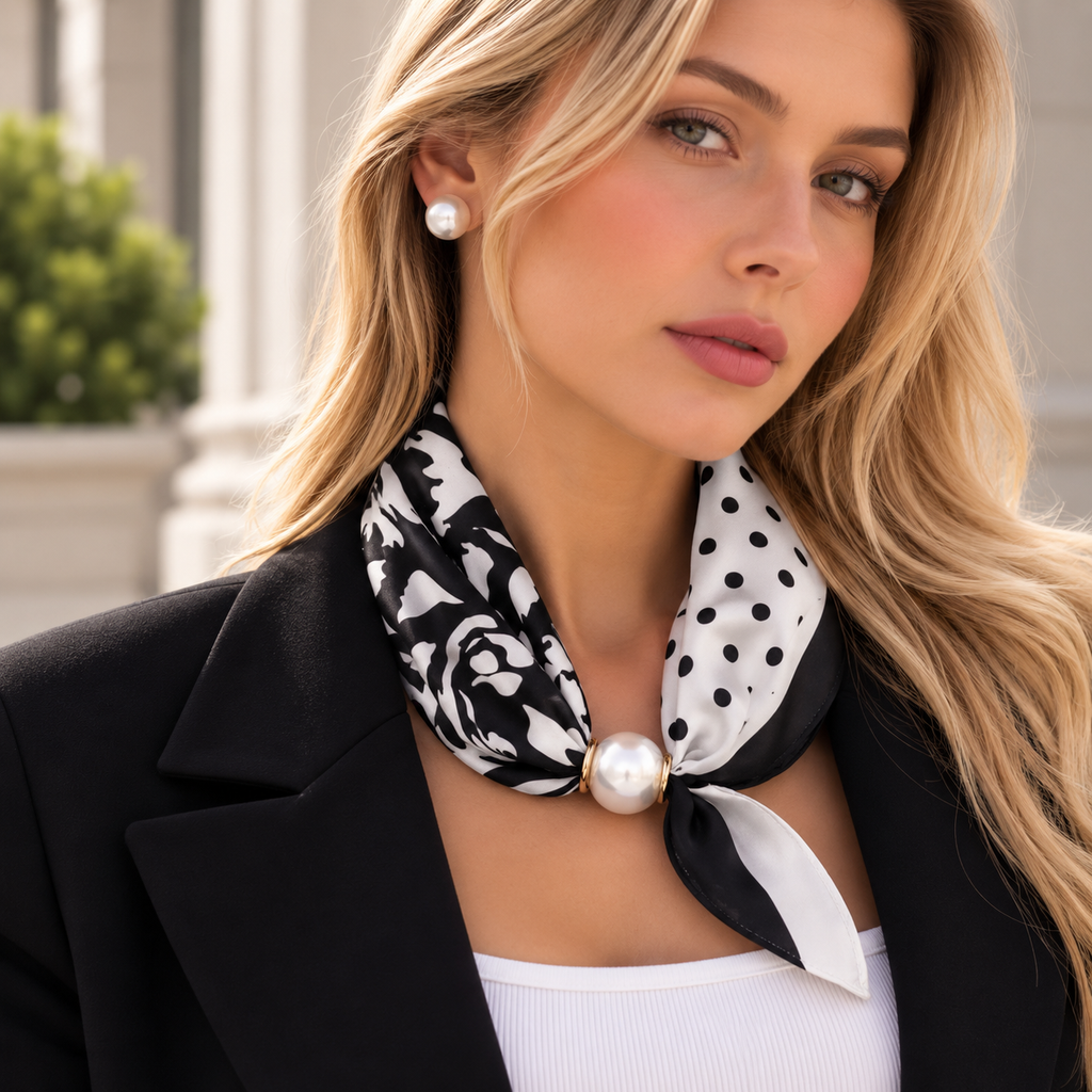 Black and White Scarf with Flowers and Dots and Pearl