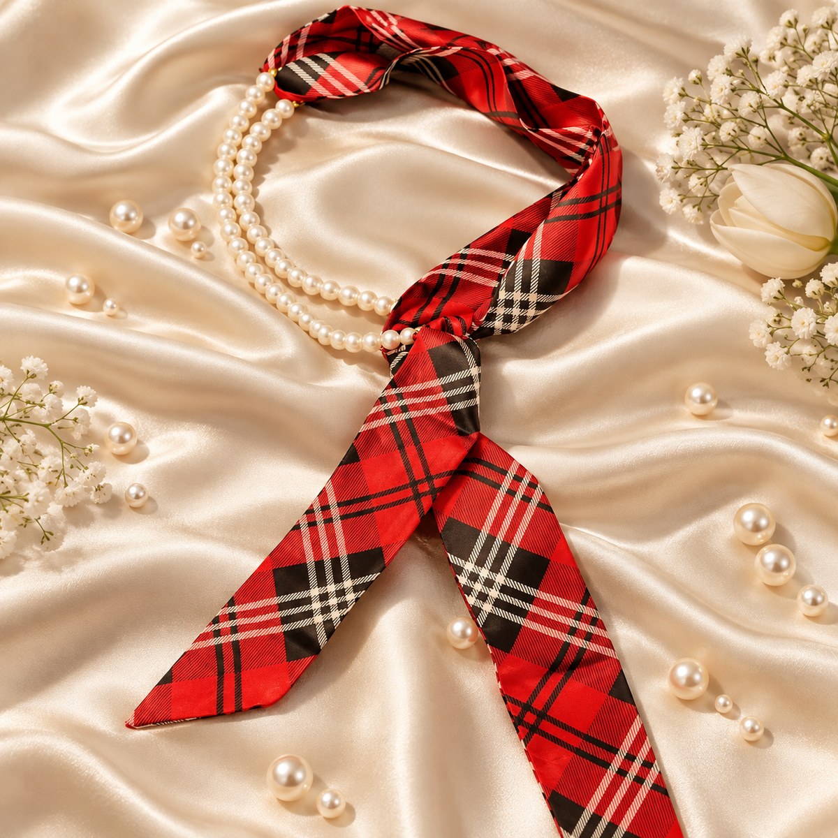 Red Plaid Scarf with Pearl Necklace