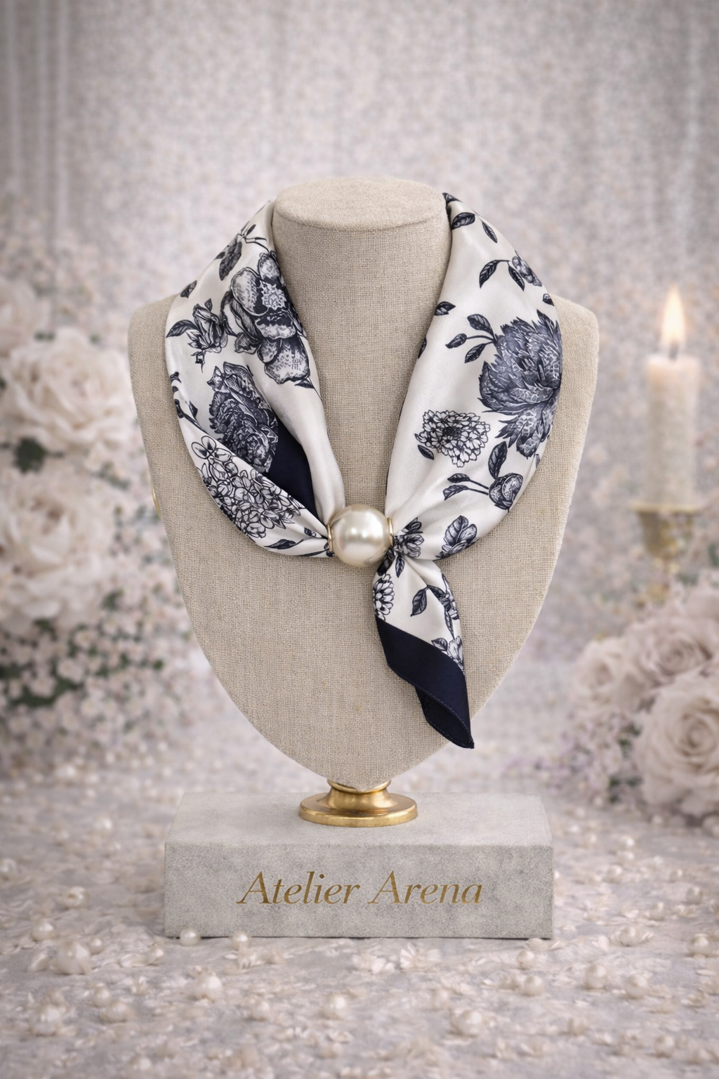 Scarf Flower Pattern - Dark Blue & White