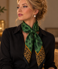 Green Satin Scarf with Leopard Detail