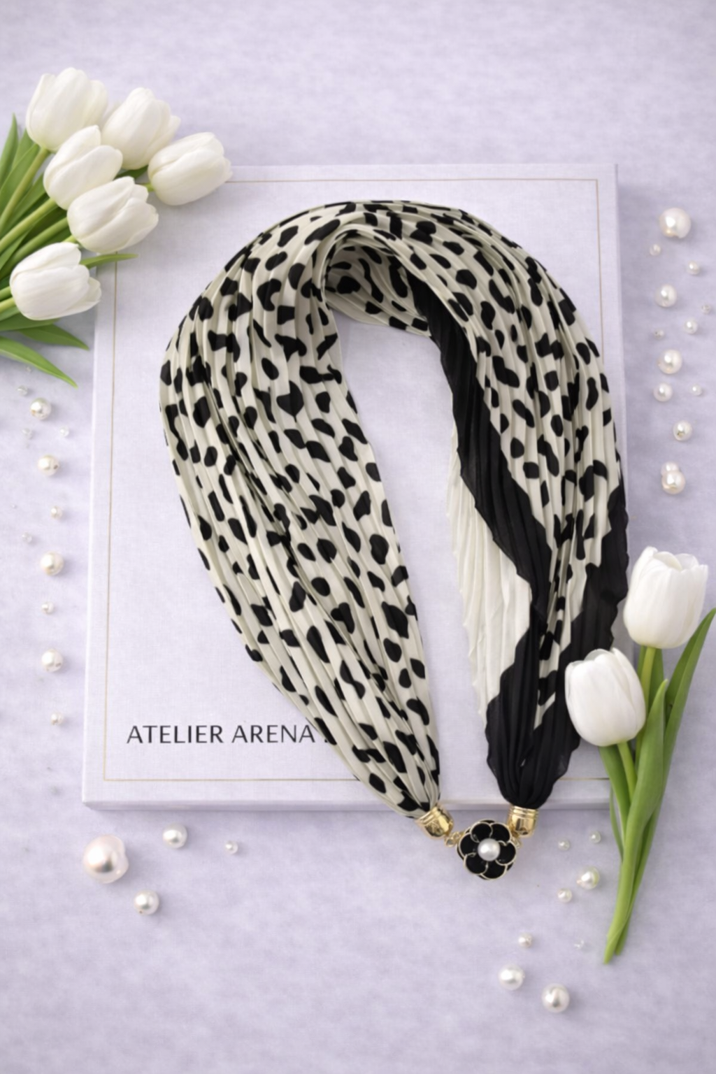 Beige-Black Pleated Scarf with Leopard Print and Black Trim