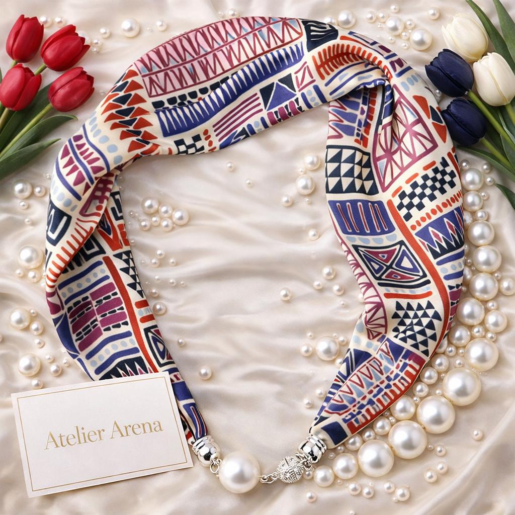 Multicolor Scarf with Geometric Pattern and Pearl