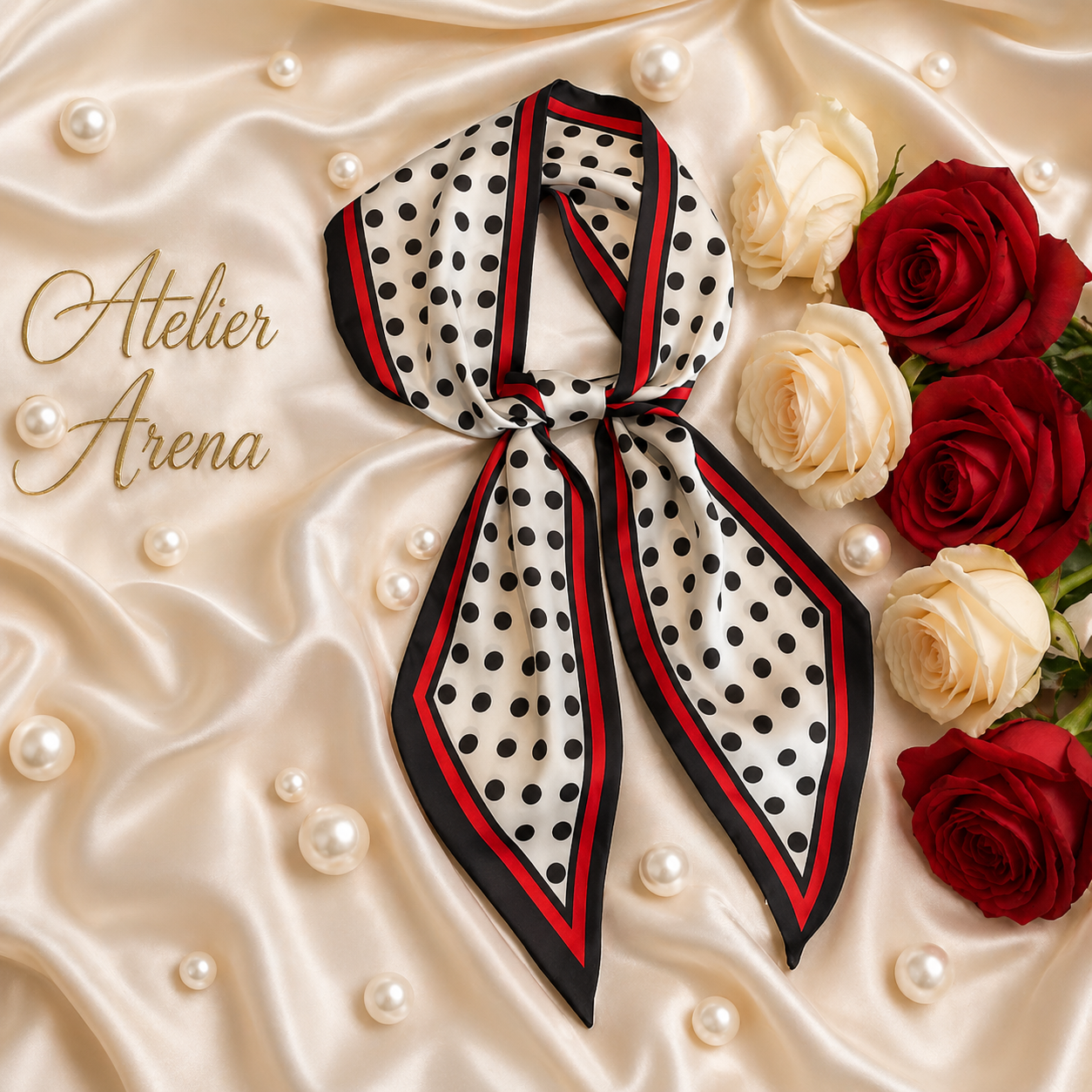 Elegante Crème Satijnen Sjaal met Polkadots en Rode Rand