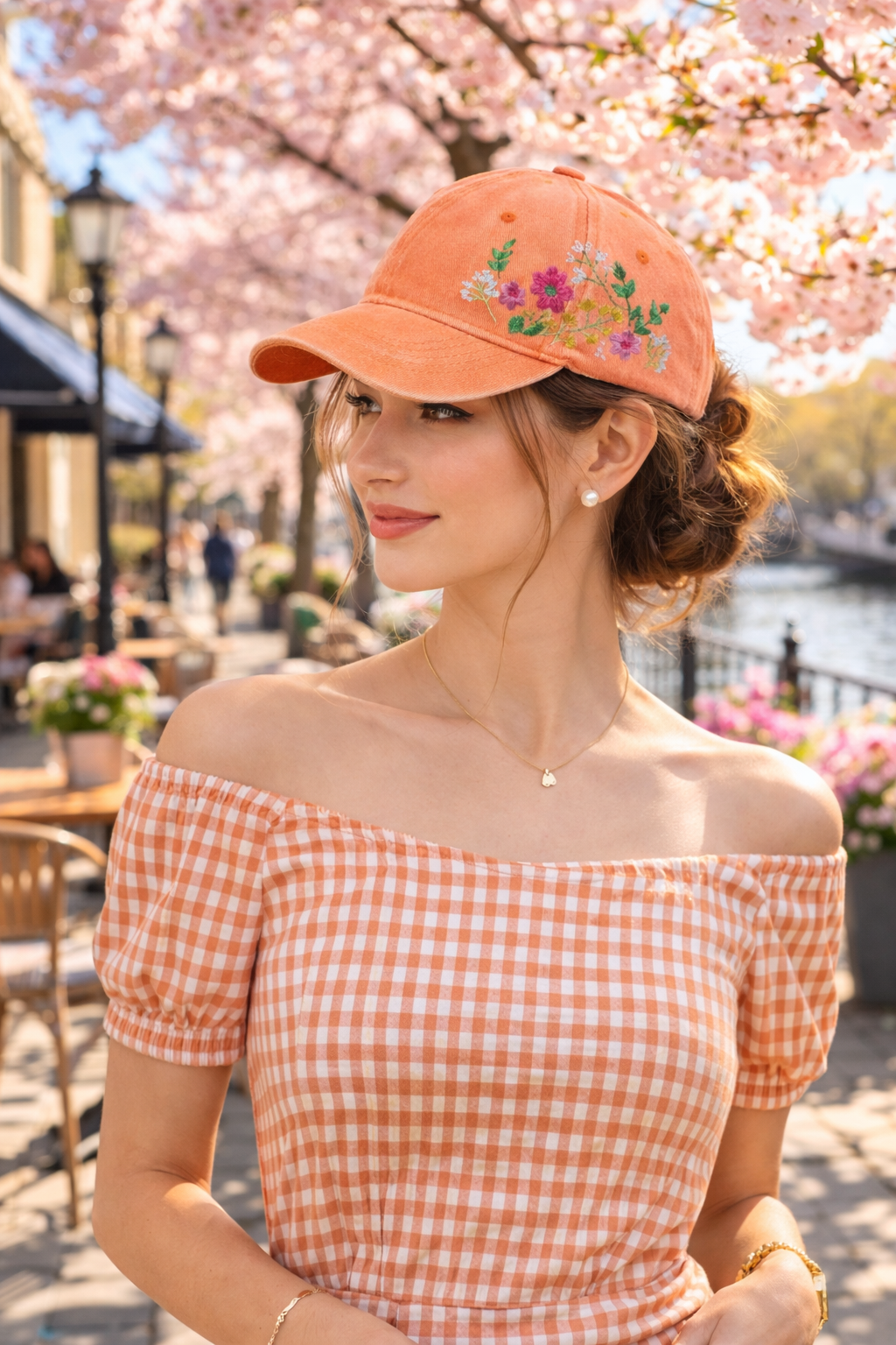 Orange Cap with Flower Detail