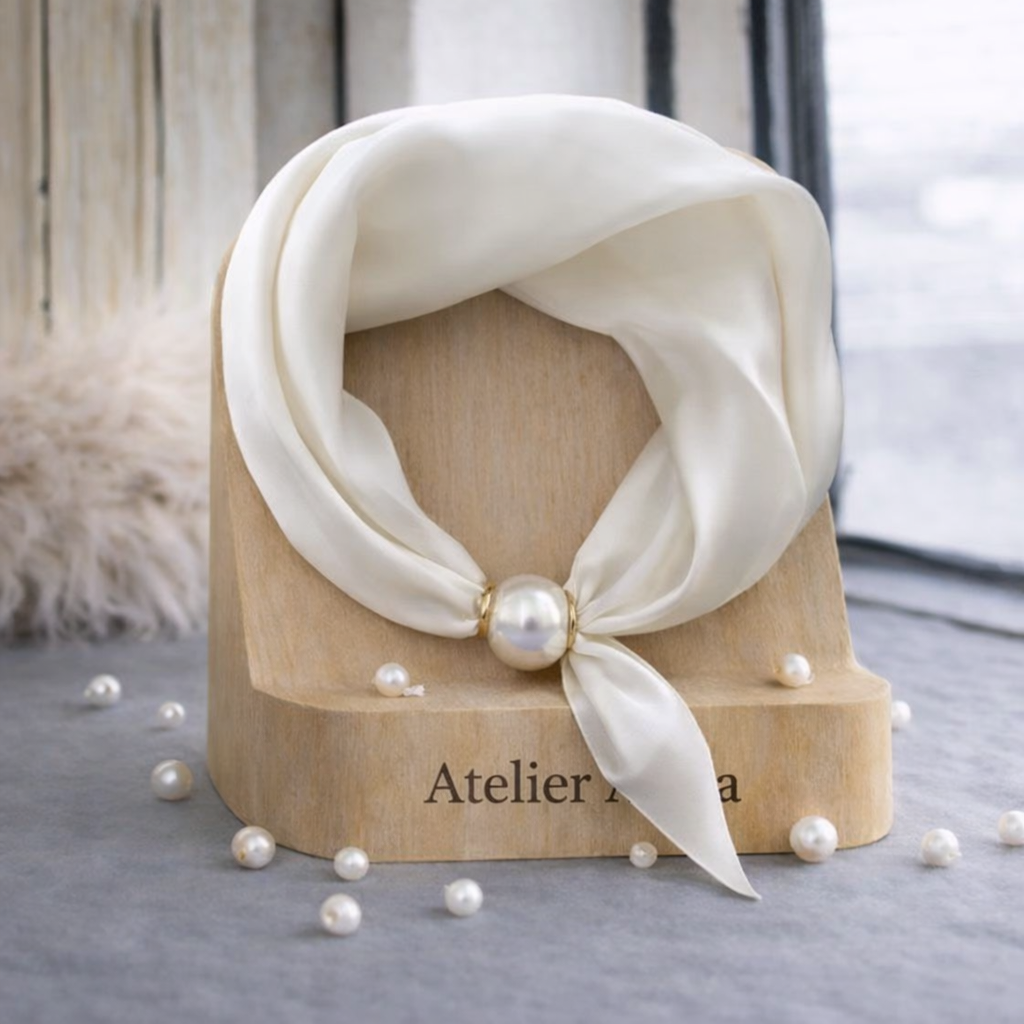 Luxurious Silk Scarf with Pearl - Ivory