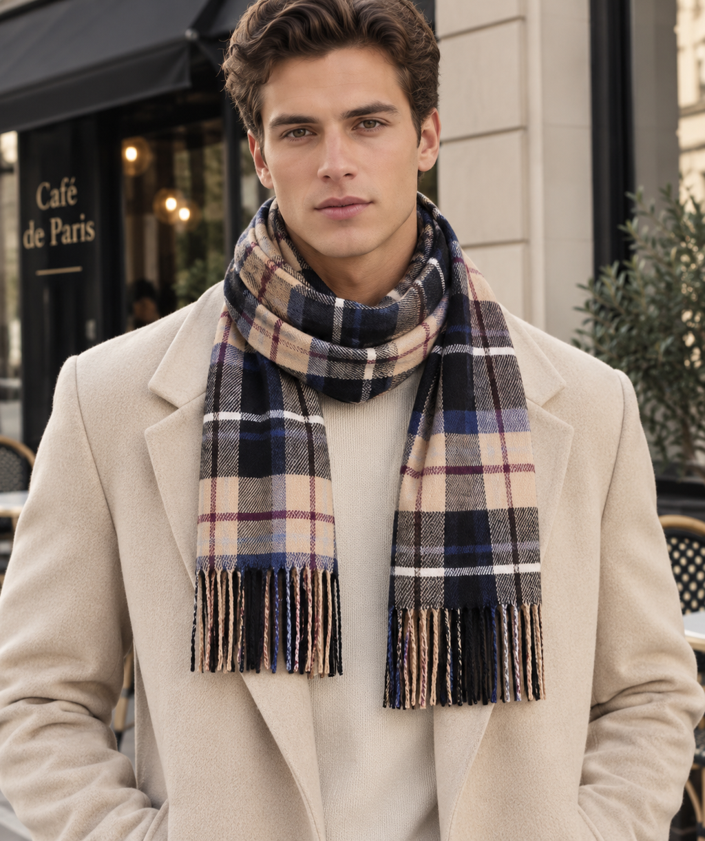 Classic Plaid Scarf Unisex – Beige & Dark Blue