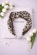 Beige-Brown Silk Scarf with Leopard Print and Pearl Necklace