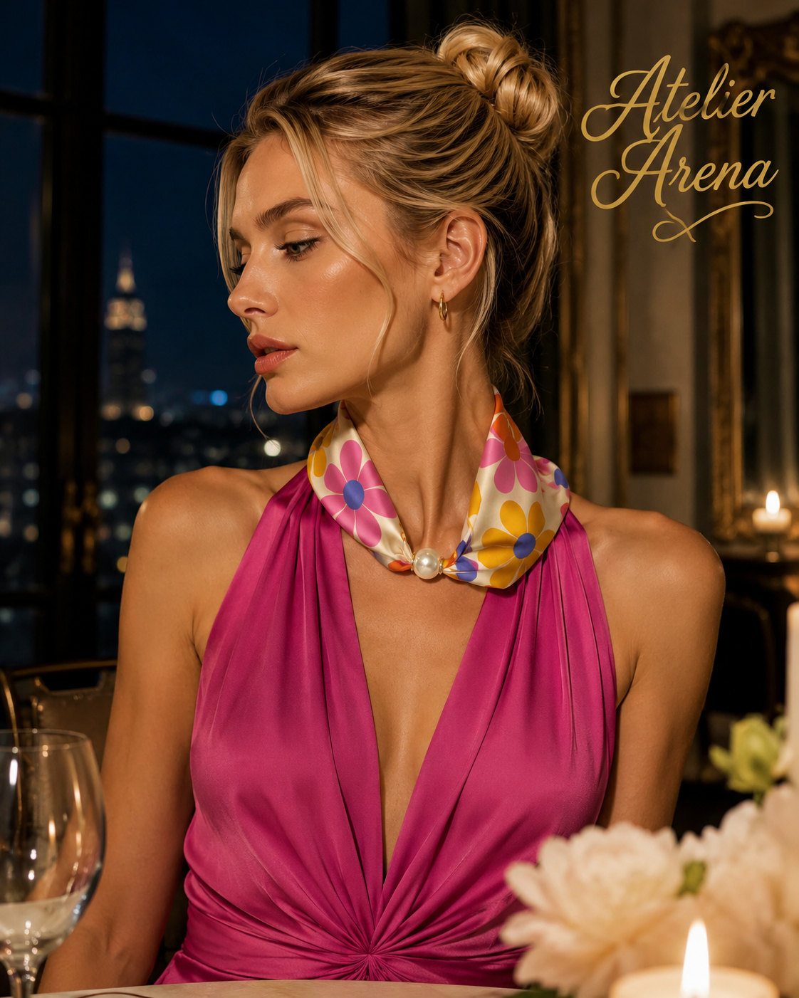 Luxury Floral Print Scarf with Magnetic Pearl Closure