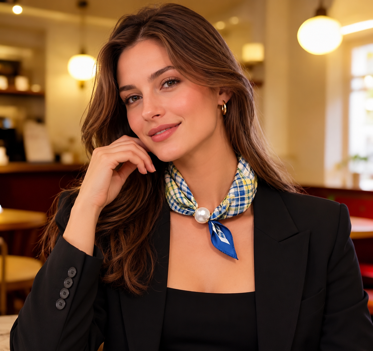 Blue Plaid Scarf with Pearl Clasp