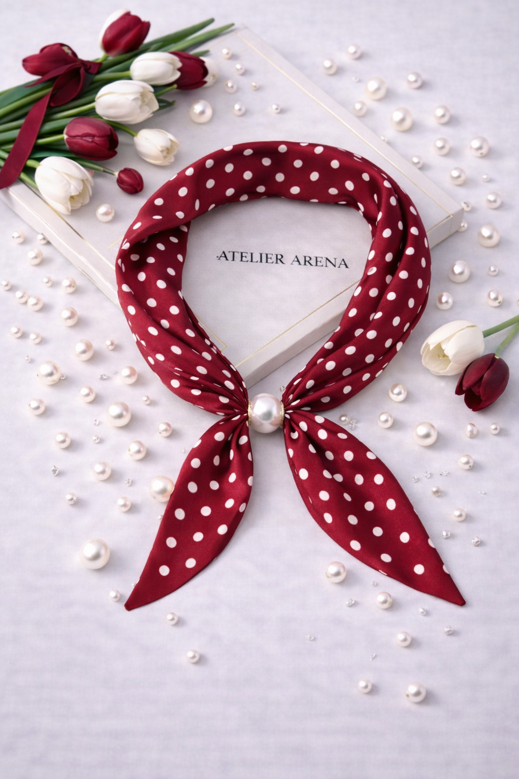 Red Scarf with White Dots and Pearl