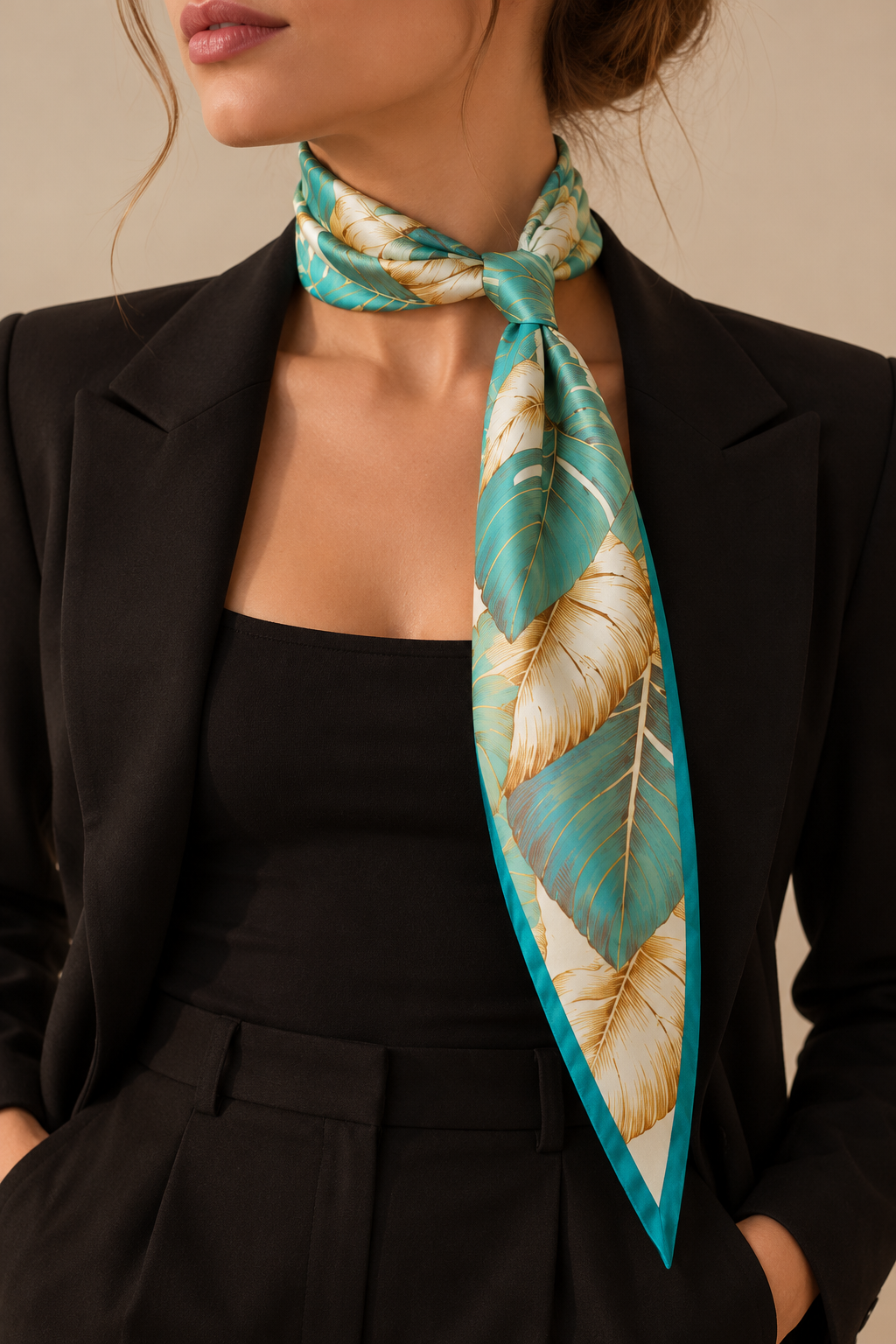 Luxury Satin Scarf with Tropical Leaf Print
