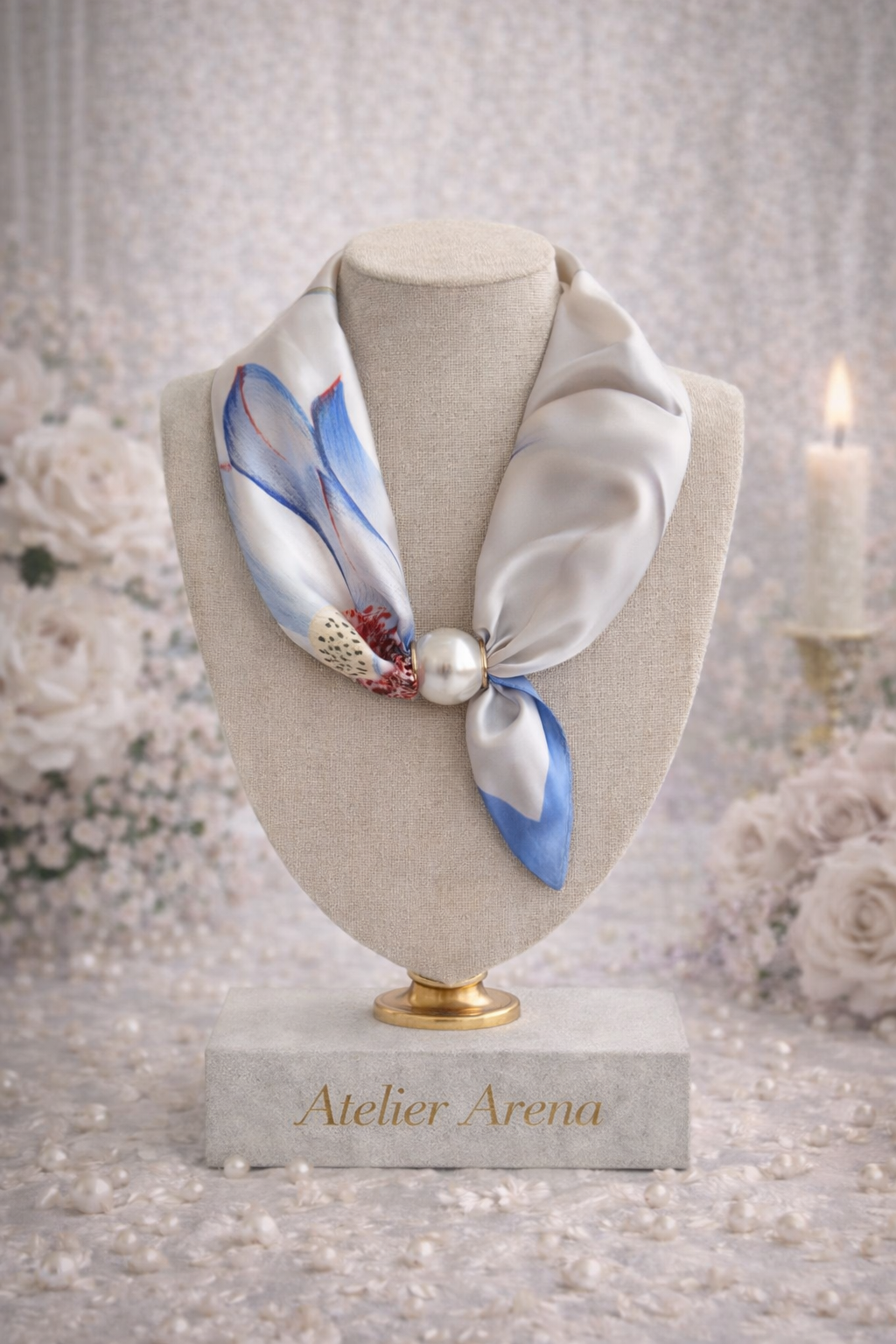Blue Flower Scarf with Pearl
