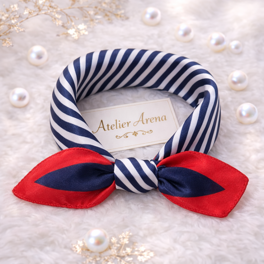 Navy Blue and White Scarf with Stripe Pattern and Red Bow