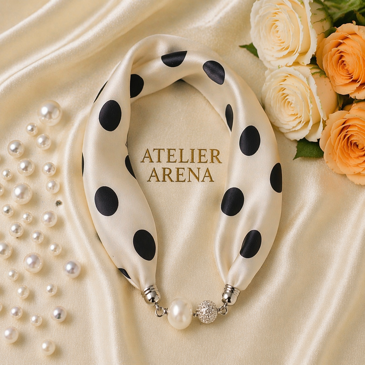 Luxury Satin Scarf with Pearl – Black White Dots